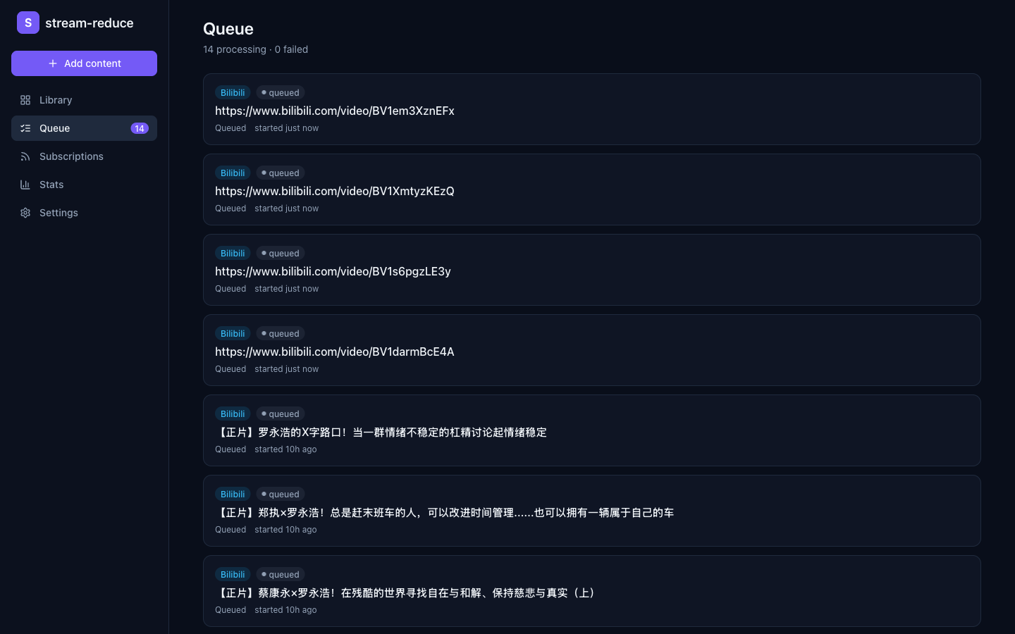 Live processing queue